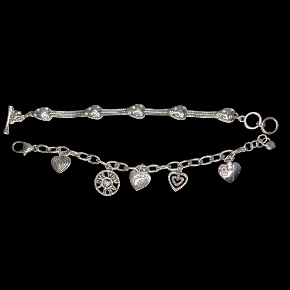 Set of 2 Brighton Firework Heart & Breast Cancer Crystal Hearts Charm Bracelets